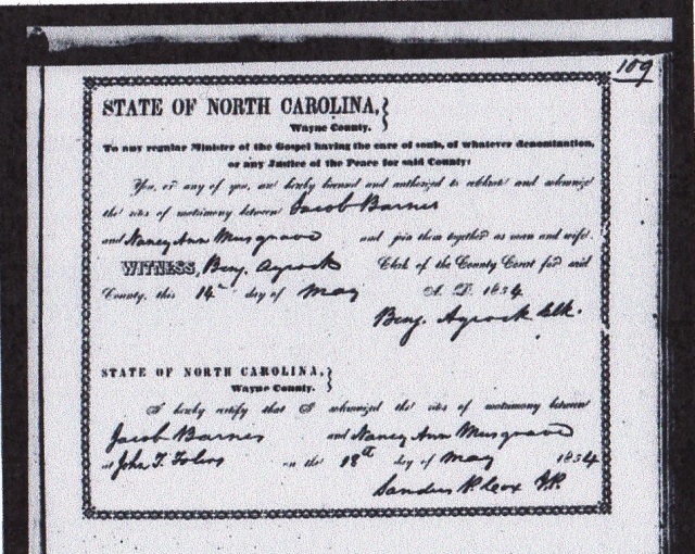 Source: Marriage record of Nancy Ann Musgrave and jacob Barnes, 1854. Record accessed 17 November 2914. www.familysearch.org