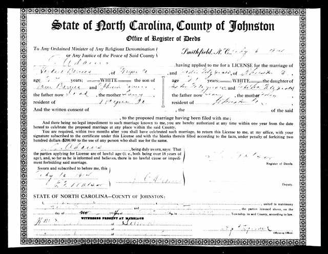 Marriage Record of Herbert Banes and Sadie Fitzgerald